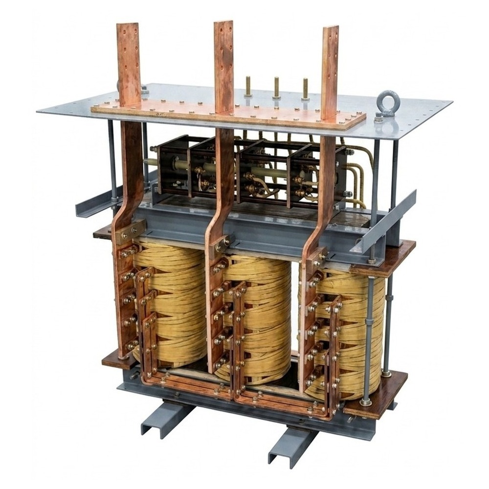 Three-phase dry-type power transformer — blue steel frame, copper windings