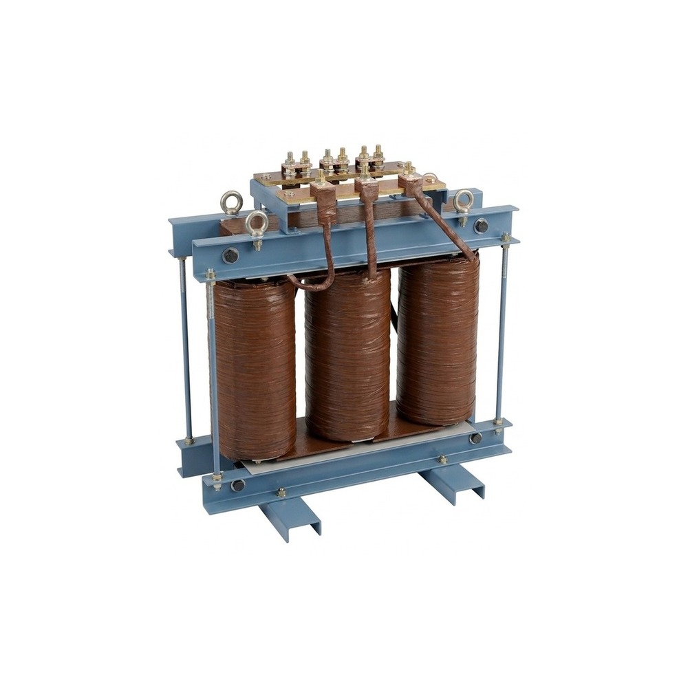 Heavy three-phase transformer with exposed copper busbars and disc windings